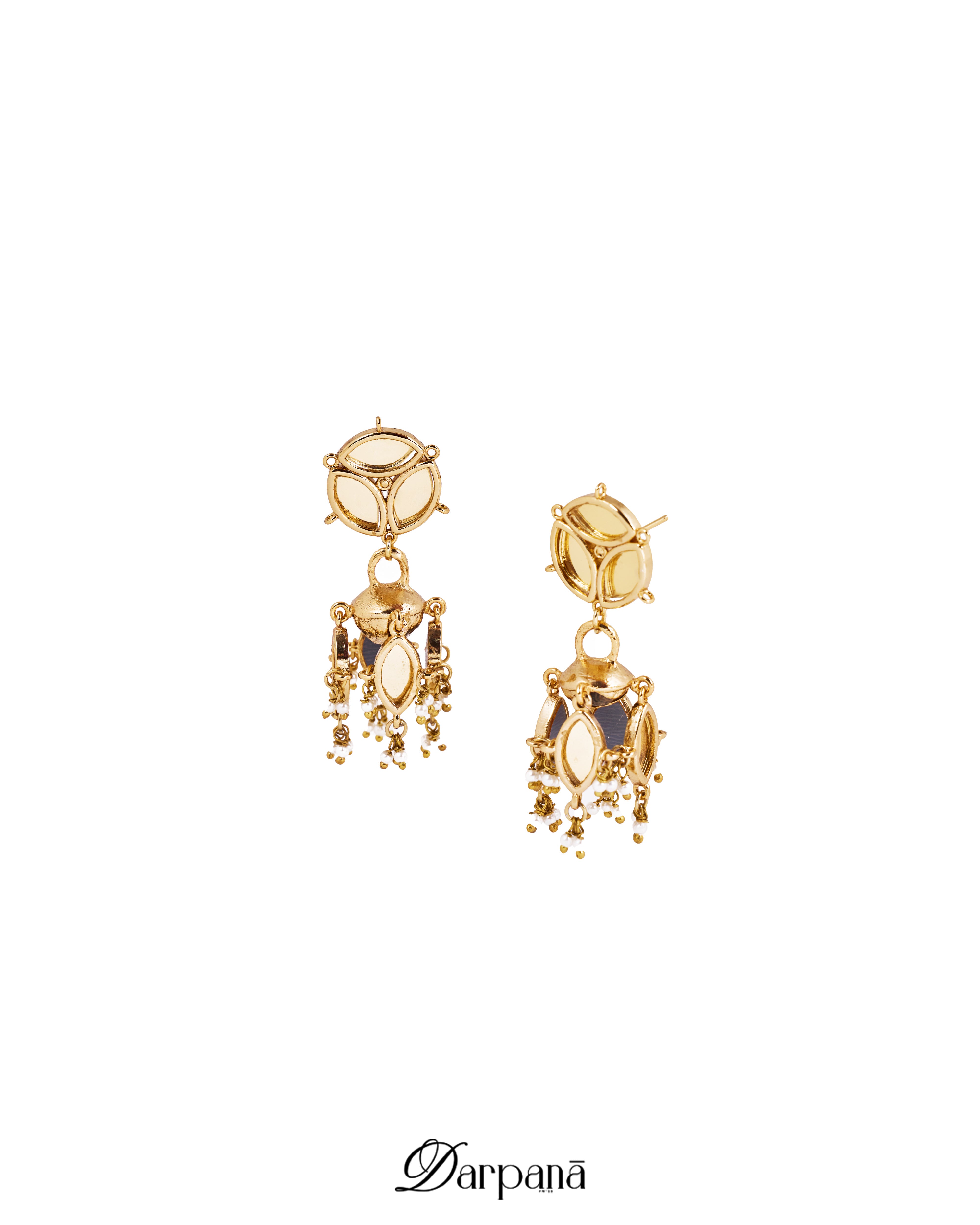 Gold earrings with gemstones on a white background, featuring the brand 'Darpana'.