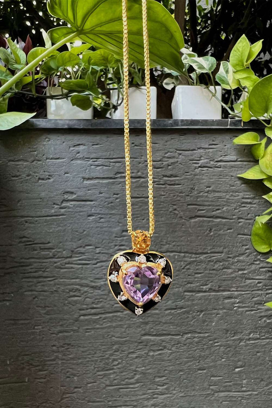 Amethyst And Citrine Heart Pendant With Black Enamel