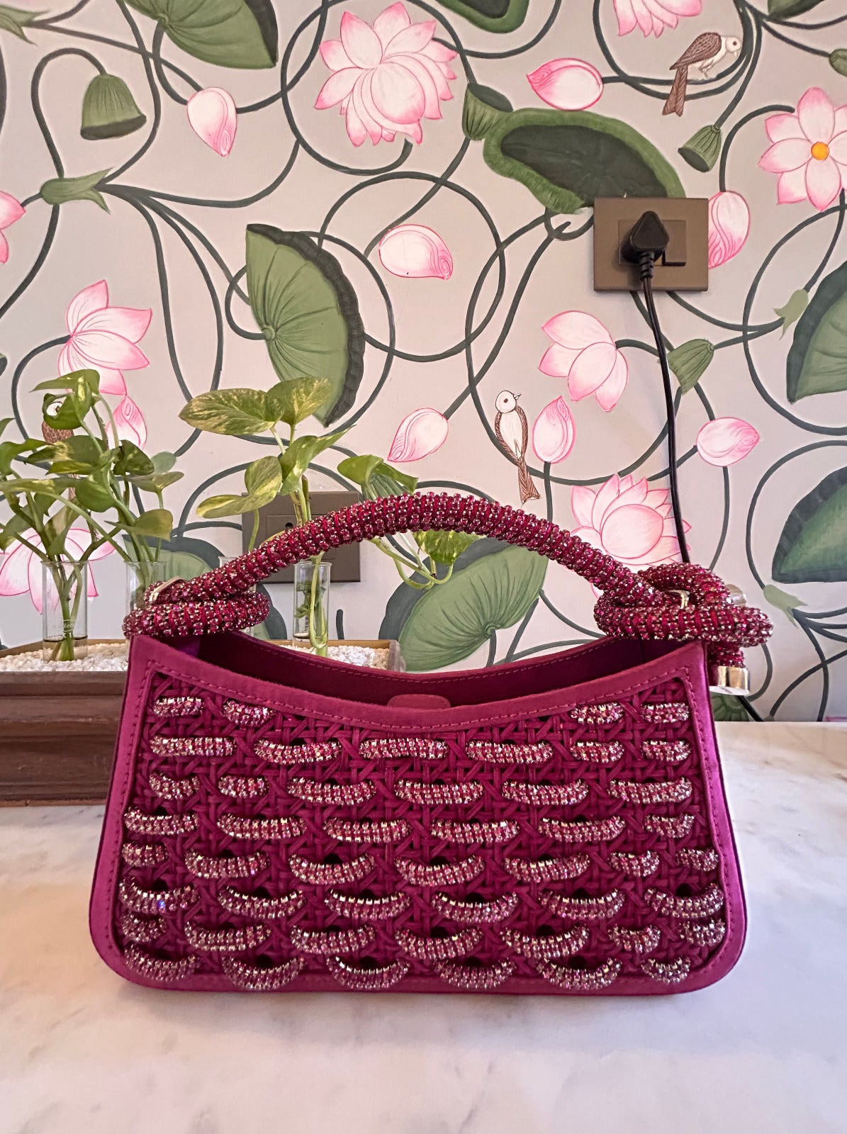 Amama,Tortile Woven Top Handle Bag in Hot Pink