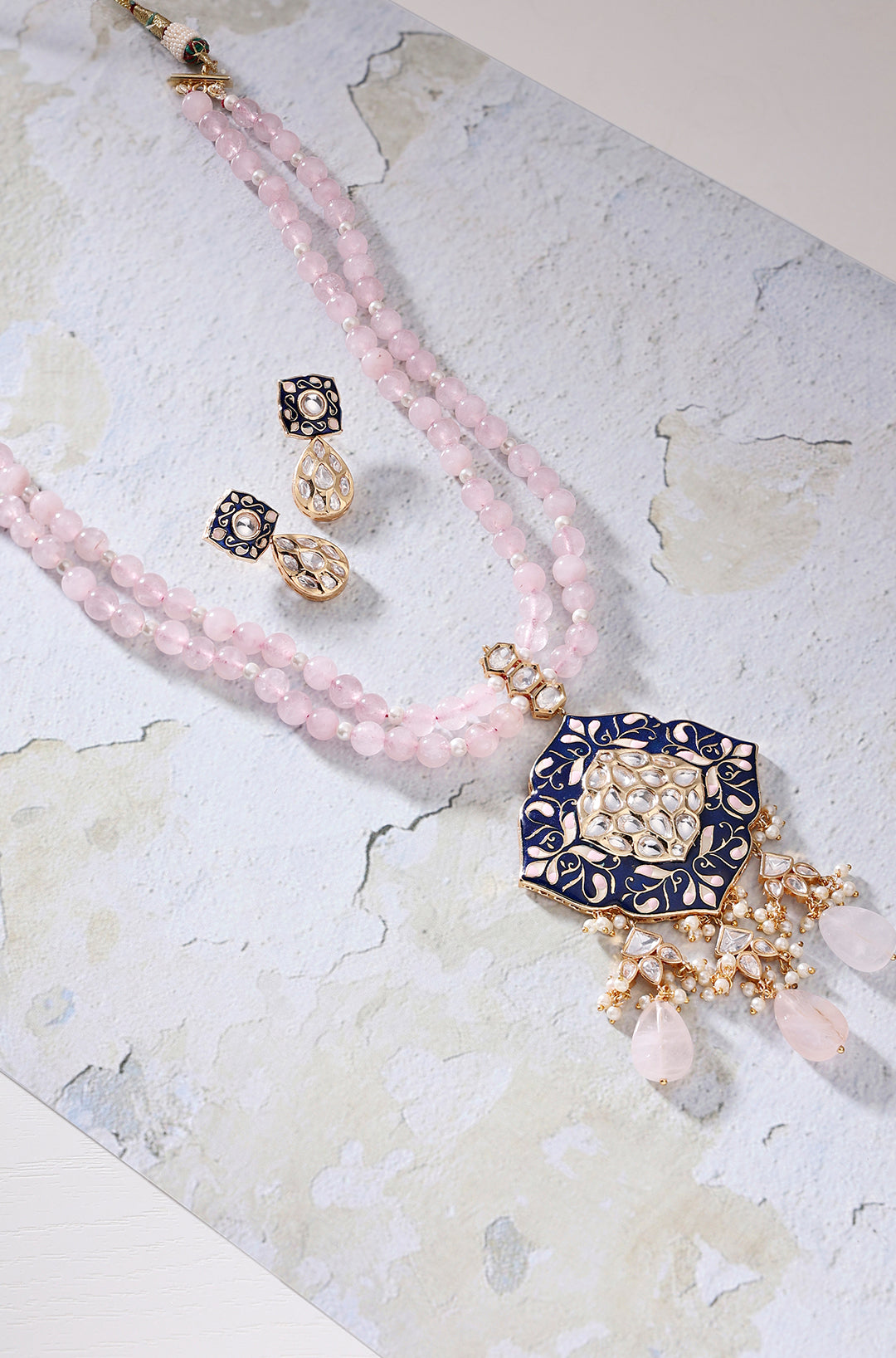 Amama,Pink Beaded Necklace Set With Royal Blue Enamalling