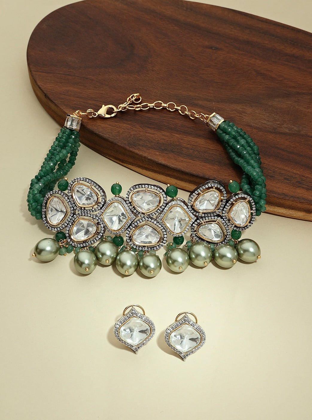 Amama,Green Antique Polki Necklace Set