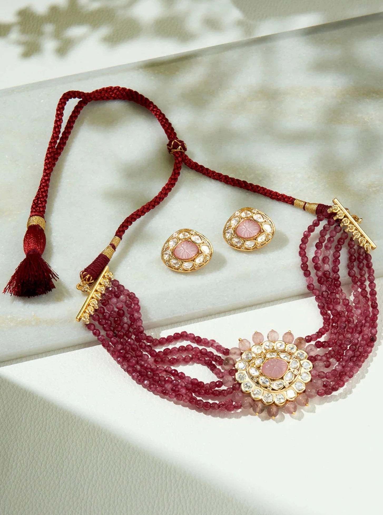 Amama,Red & Golden Polki Necklace Set