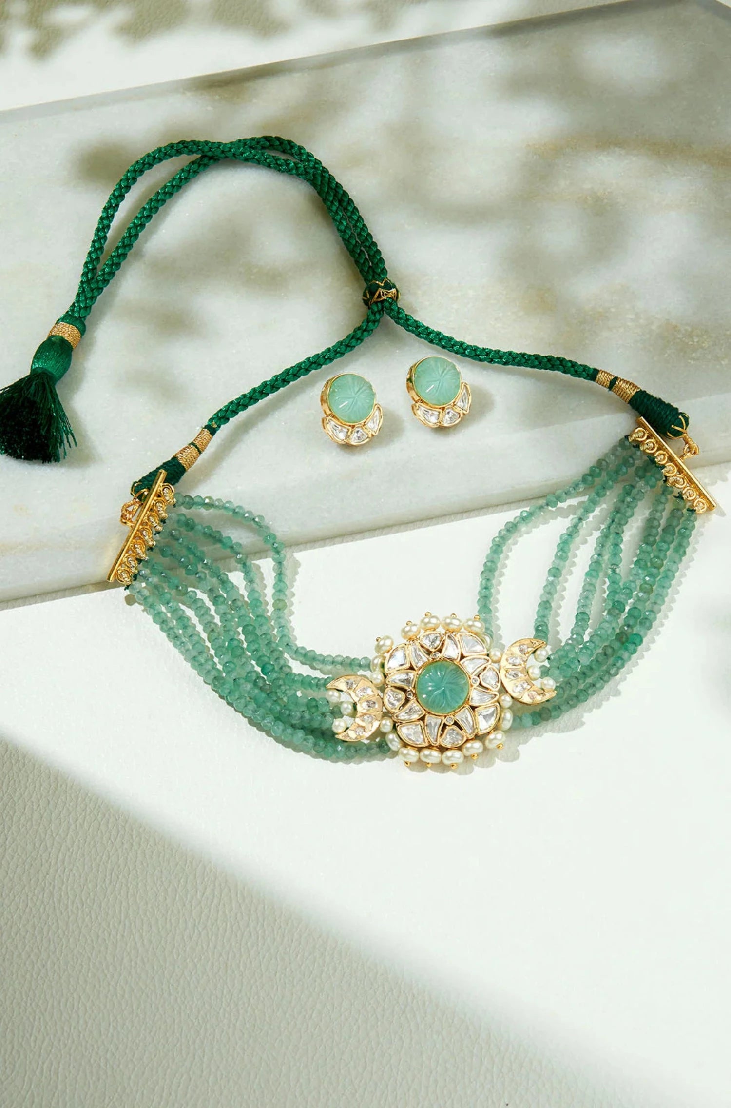Amama,Green & Golden Polki Necklace Set
