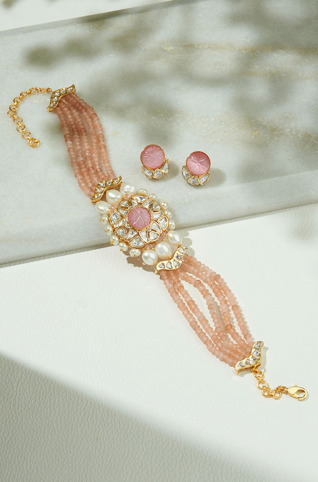Amama,Vibrant Peach Beaded Polki Necklace Set