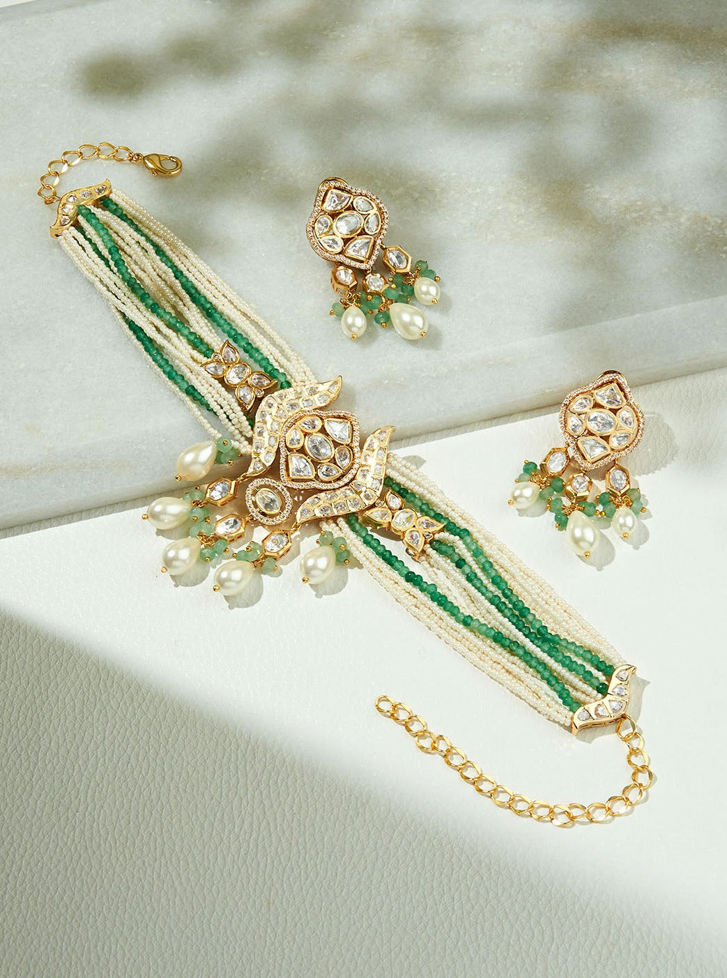 Amama,Elegant White & Green Necklace Set