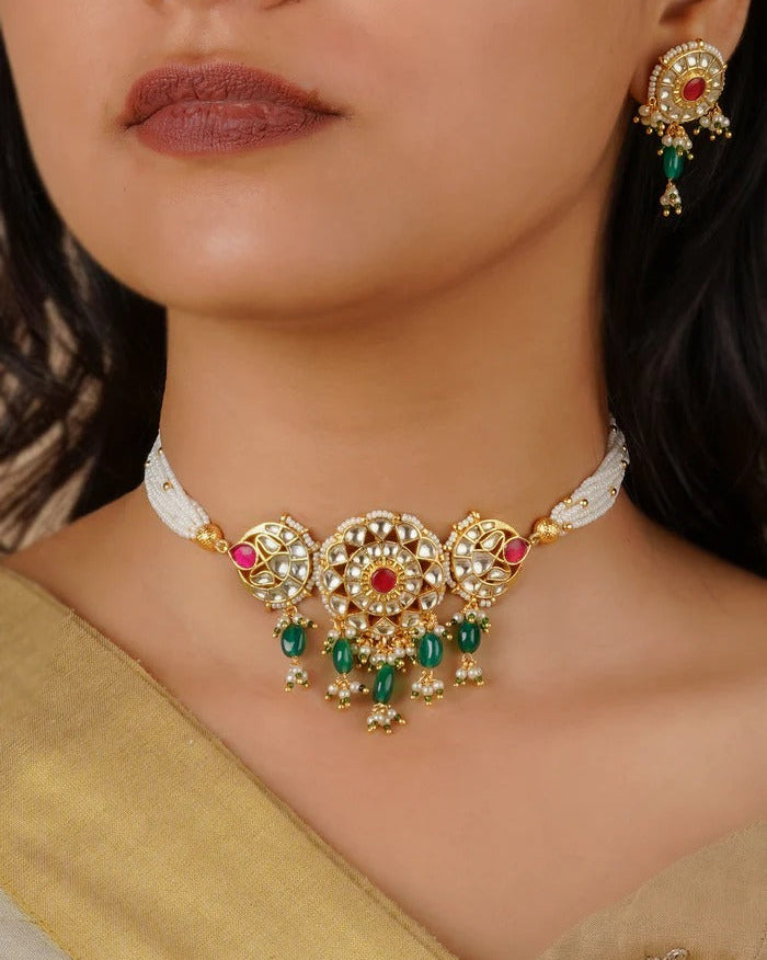 Pink Color Gold Plated Jadau Kundan Necklace Set - MS1778YPA