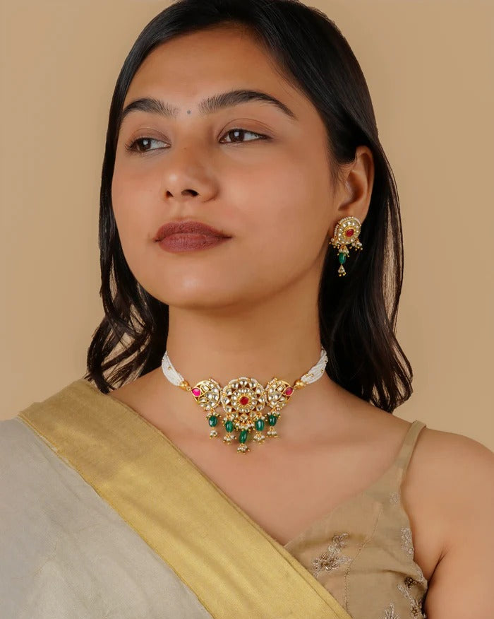 Pink Color Gold Plated Jadau Kundan Necklace Set - MS1778YPA