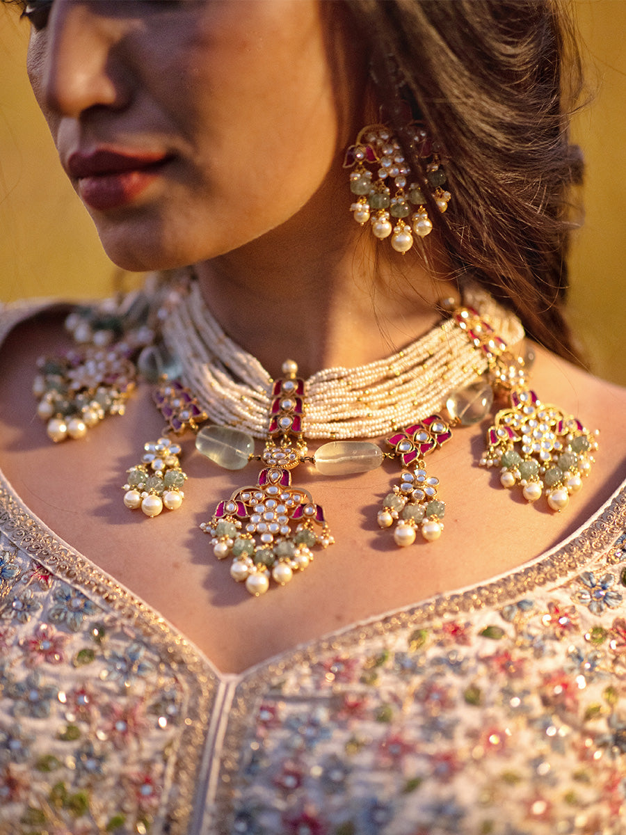Amama,Pink Gold Plated Jadau Necklace Set With Muskmelon Beads Hanging