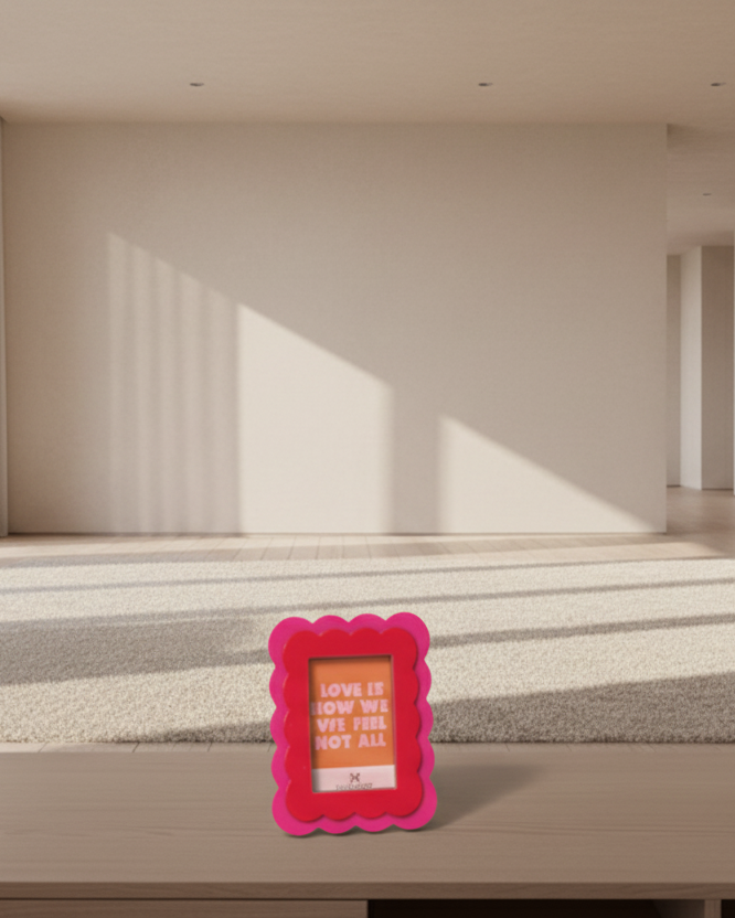 Pink scalloped photo frame with a motivational quote on an orange background.