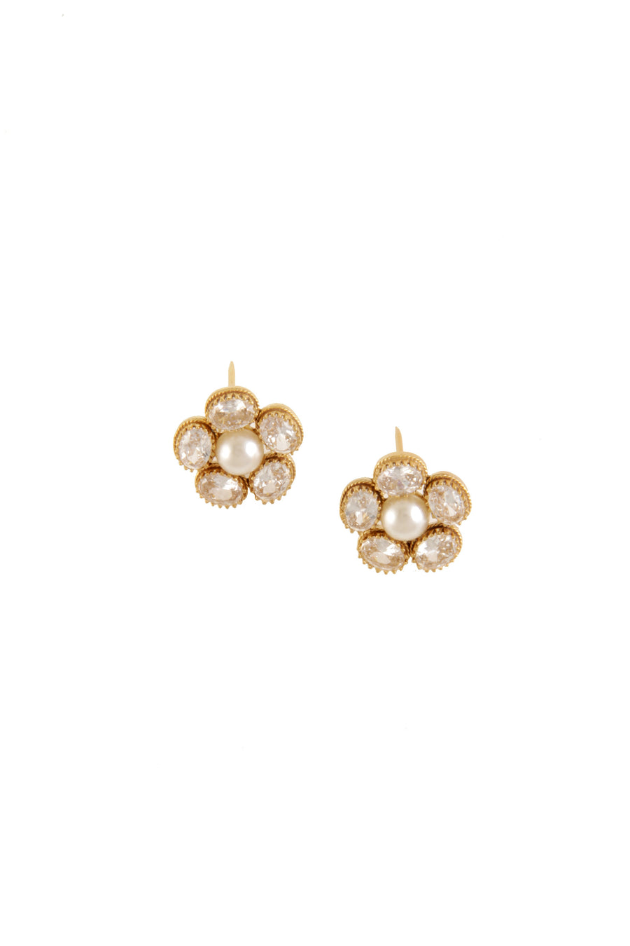 Gold Plated 5 Uncut Crystal Flower Pearl Earring