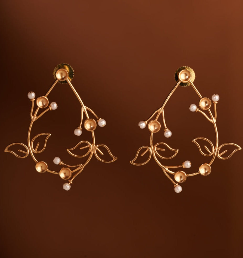 Amama,Fern Dynasty Gold Plated Drop Stud Earrings