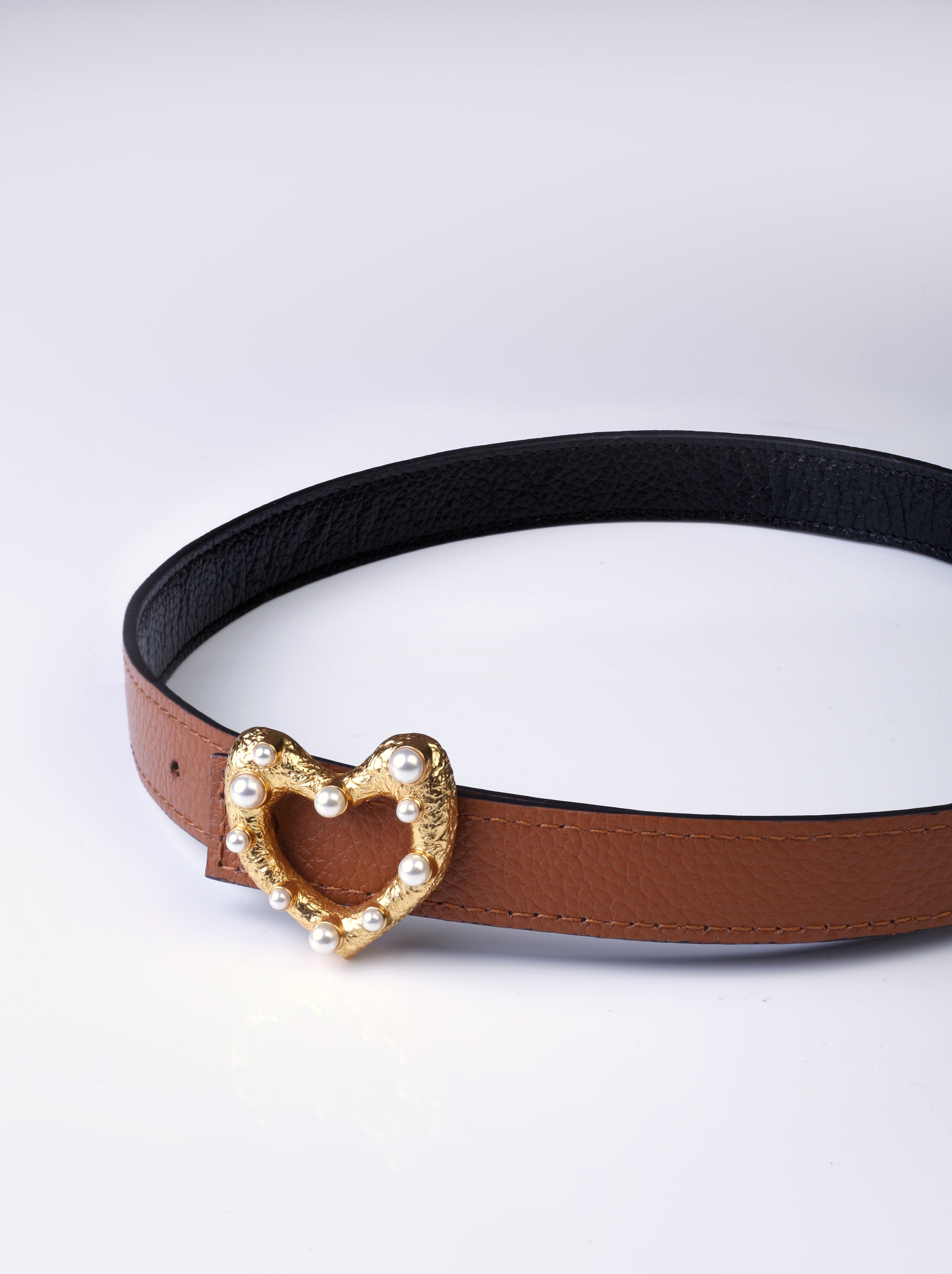 Amama,Reversible Thin Belt With Gold Heart Buckle