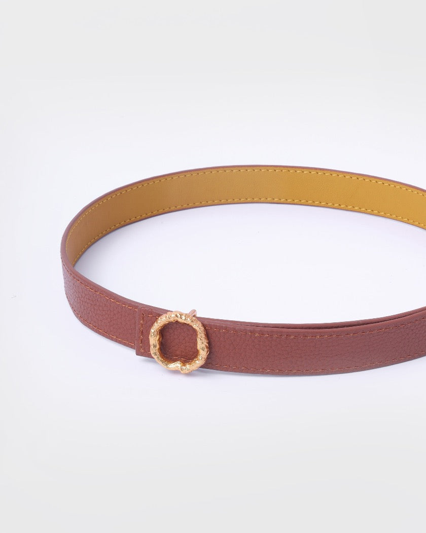 Reversible Thin Belt With Gold Round Buckle