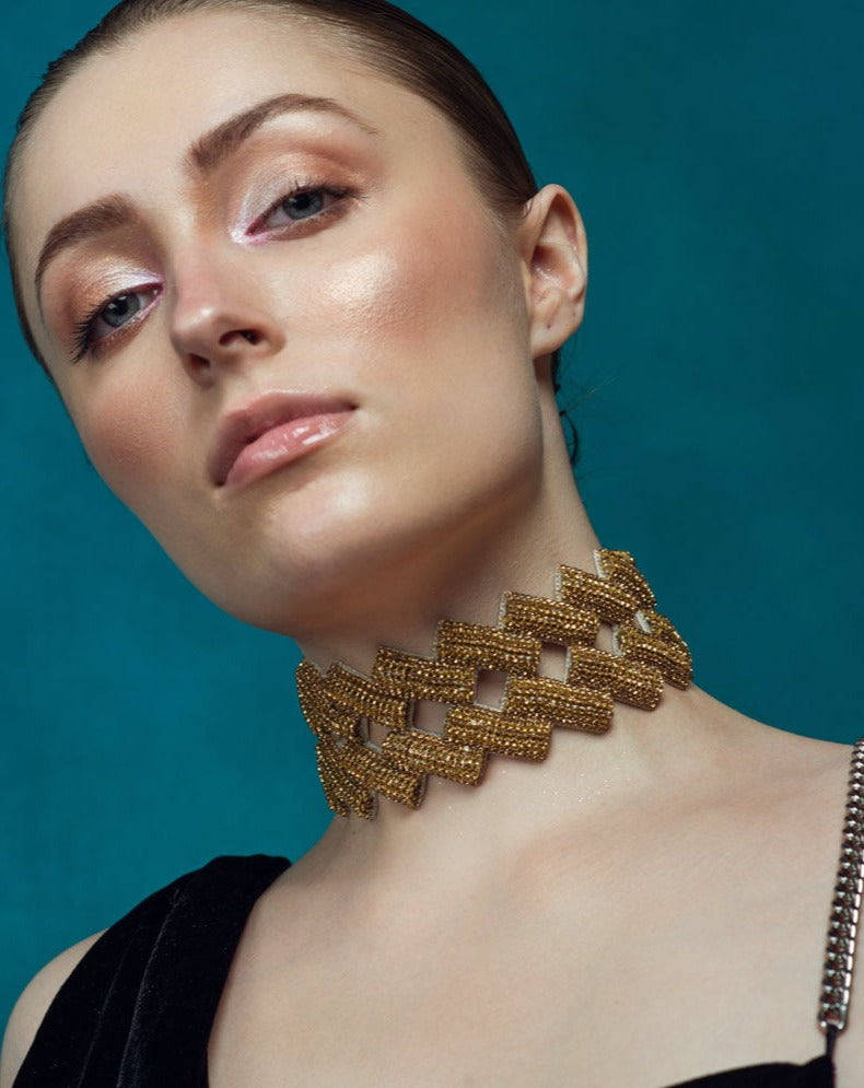 Thin Cuban Crystal Choker in Champagne Gold