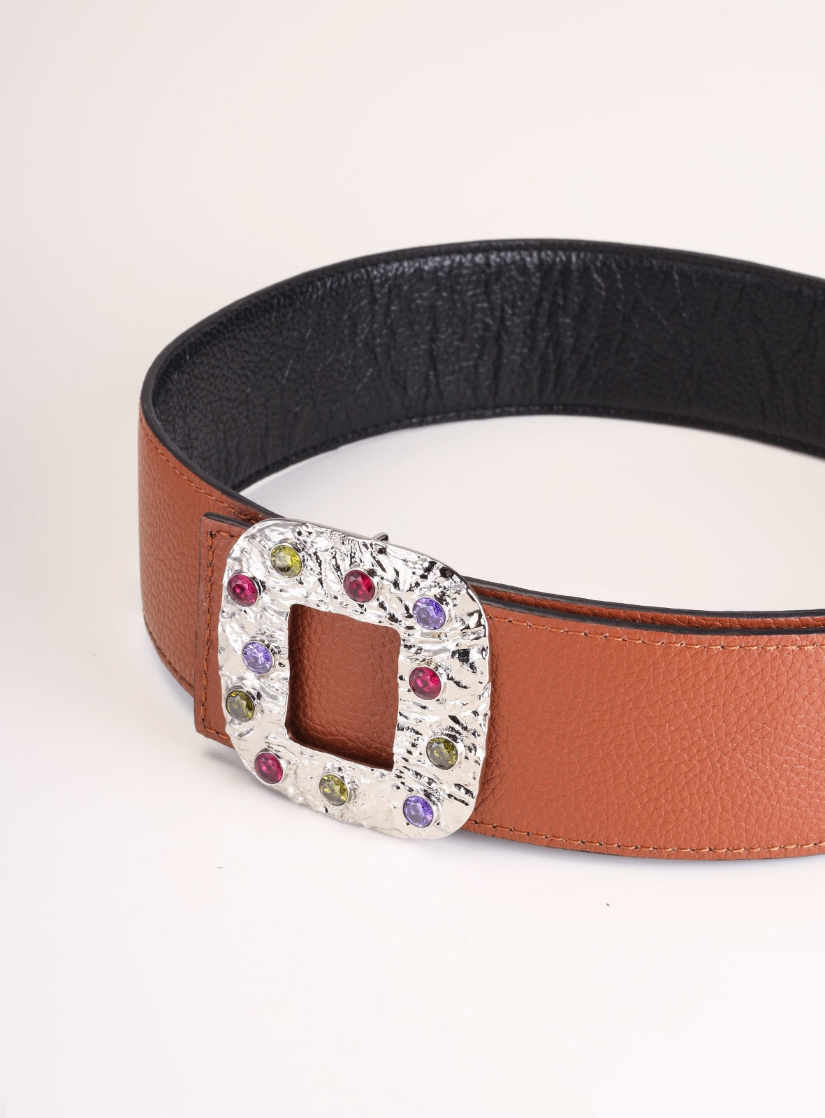 Amama,Reversible Wide Belt with Silver Square Buckle