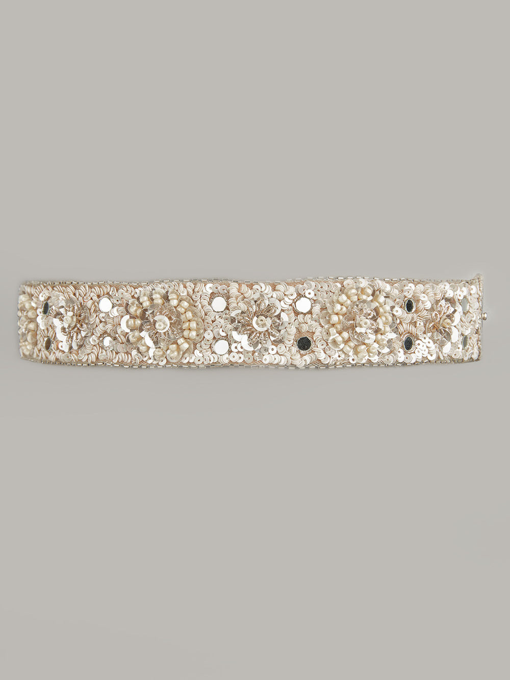 Amama,Versatile Cream Beads And Silver Sequins Waist Belt