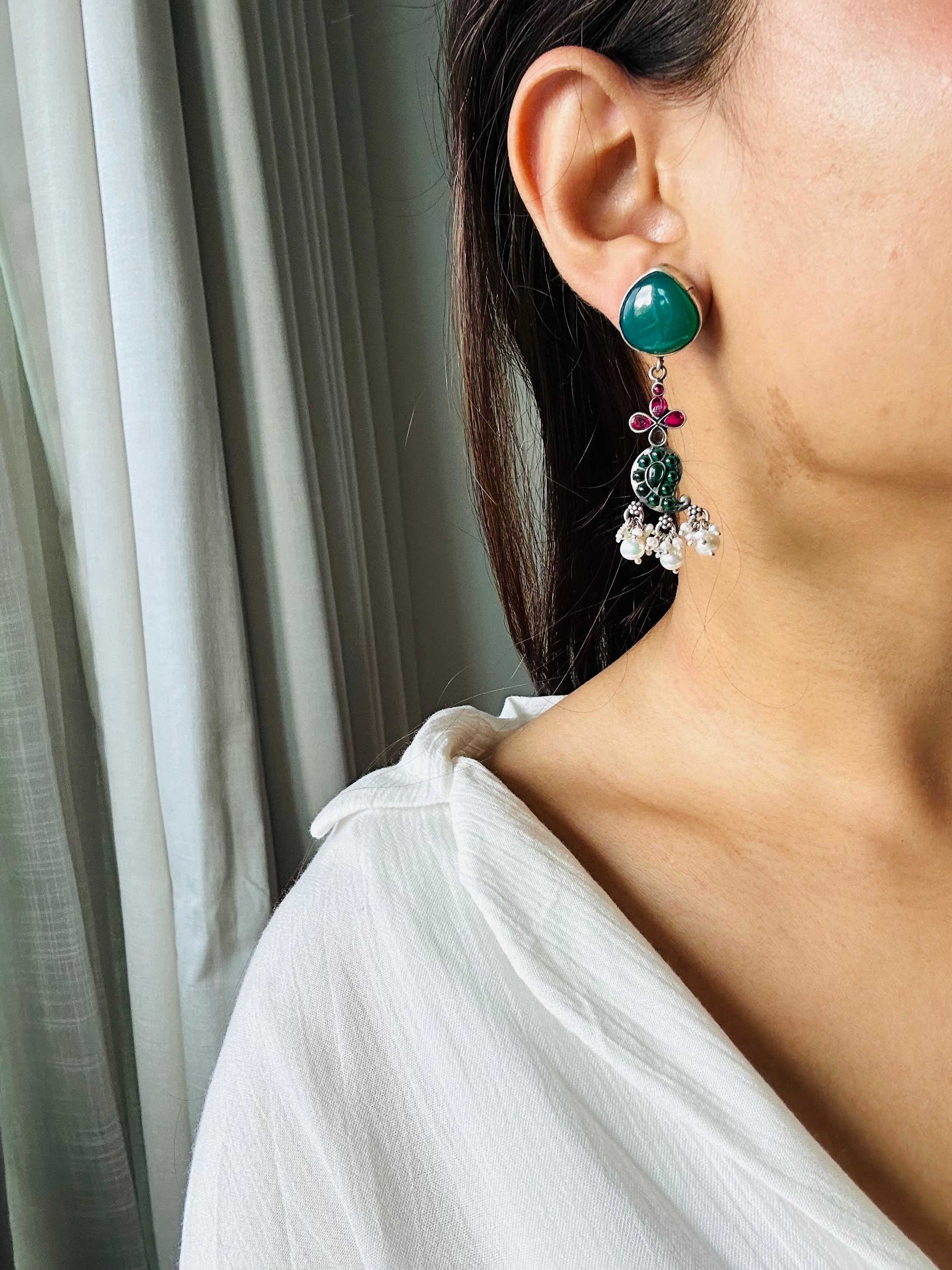 Amama,Nrityam Paisley Green Stone Silver Neckpiece & Earrings Set