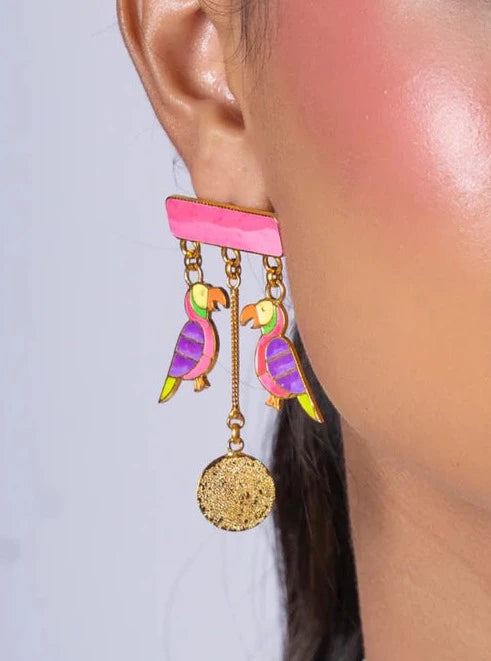 Amama,Pink Love Bird Earrings