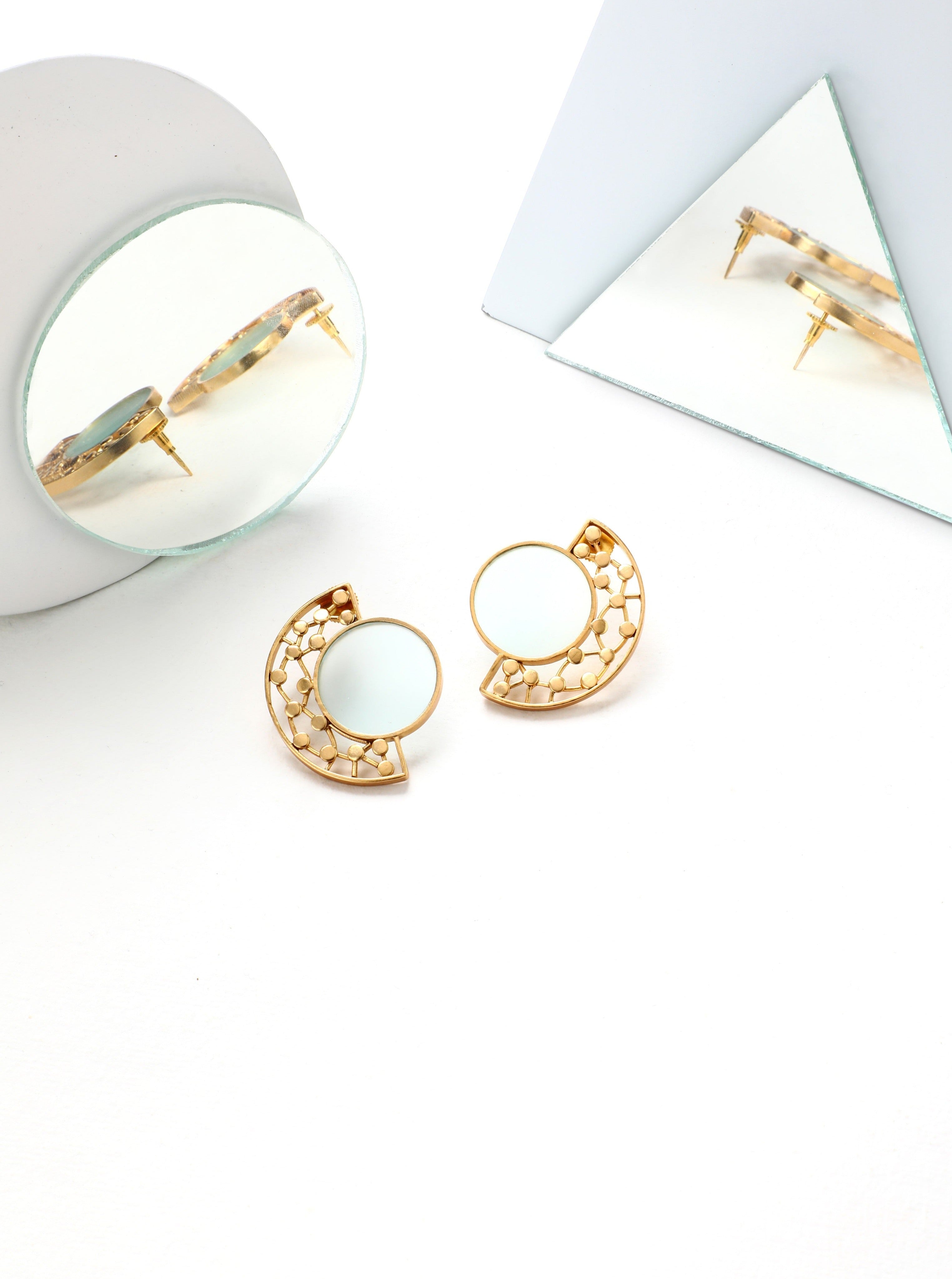 Amama,Gold Toned Split Circular Studs With Cyan Acrylic And Dotted Detail