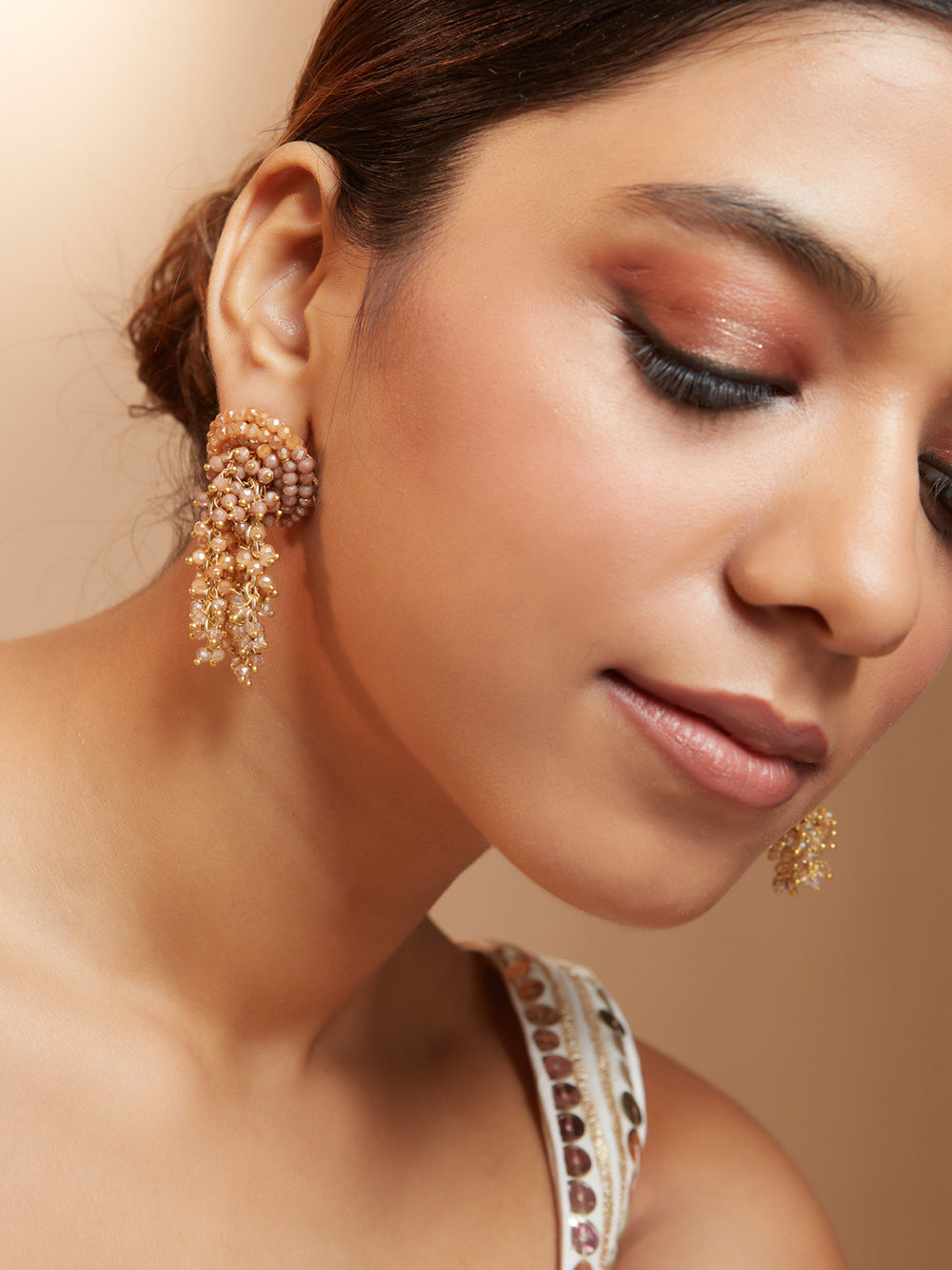 Amama,Statement Brown Crystals Studs With Hint Of Peach and Gold