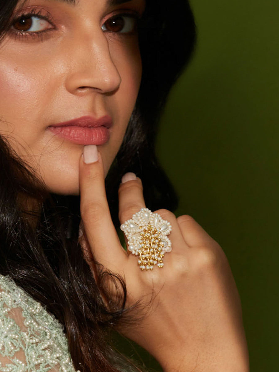 Designer White Pearls And Golden Hoops Finger Ring