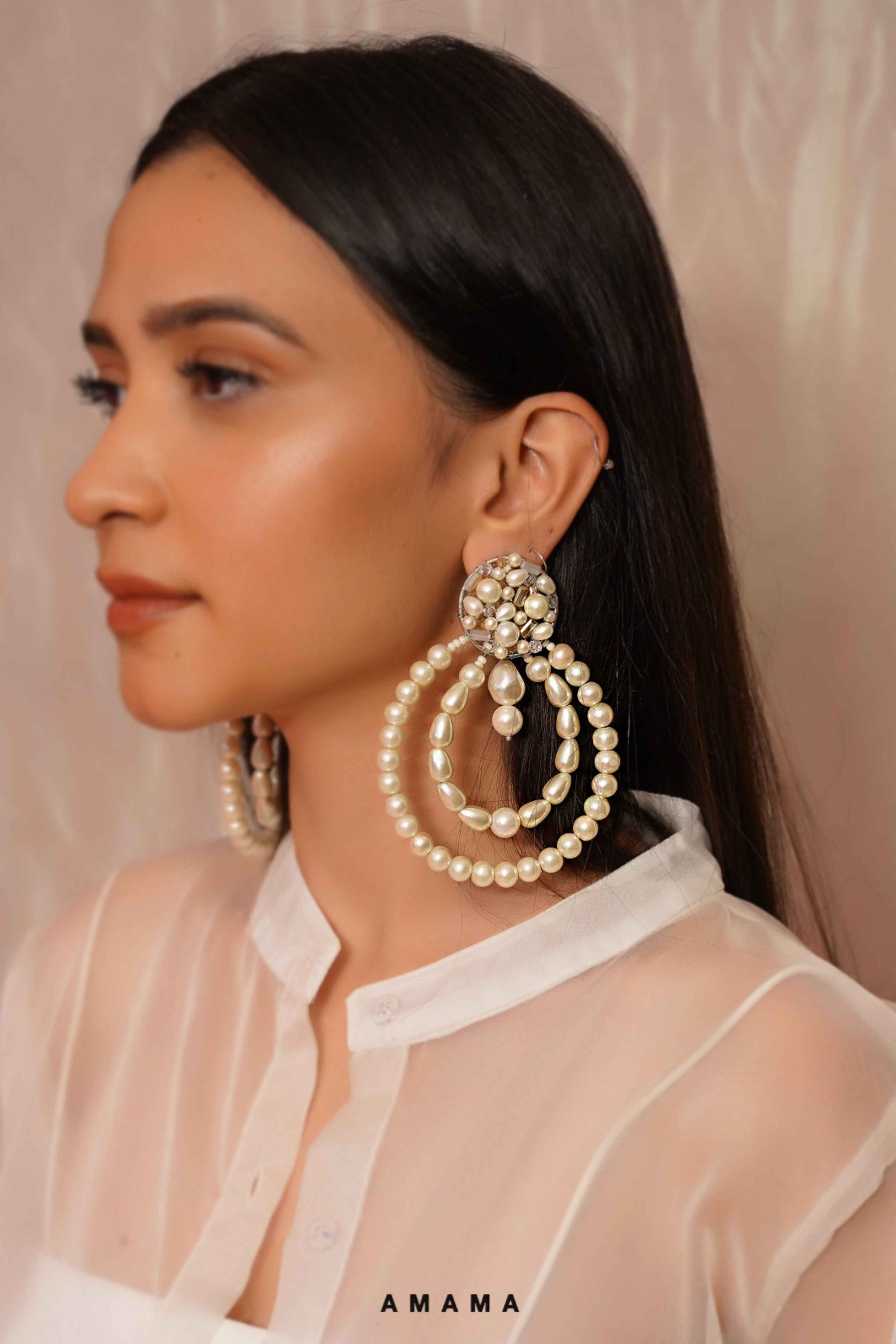 Amama,Double Ring Pearl Earrings