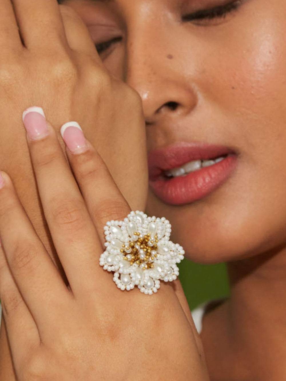 Amama,Designer White Stone Studded Flower Finger Ring