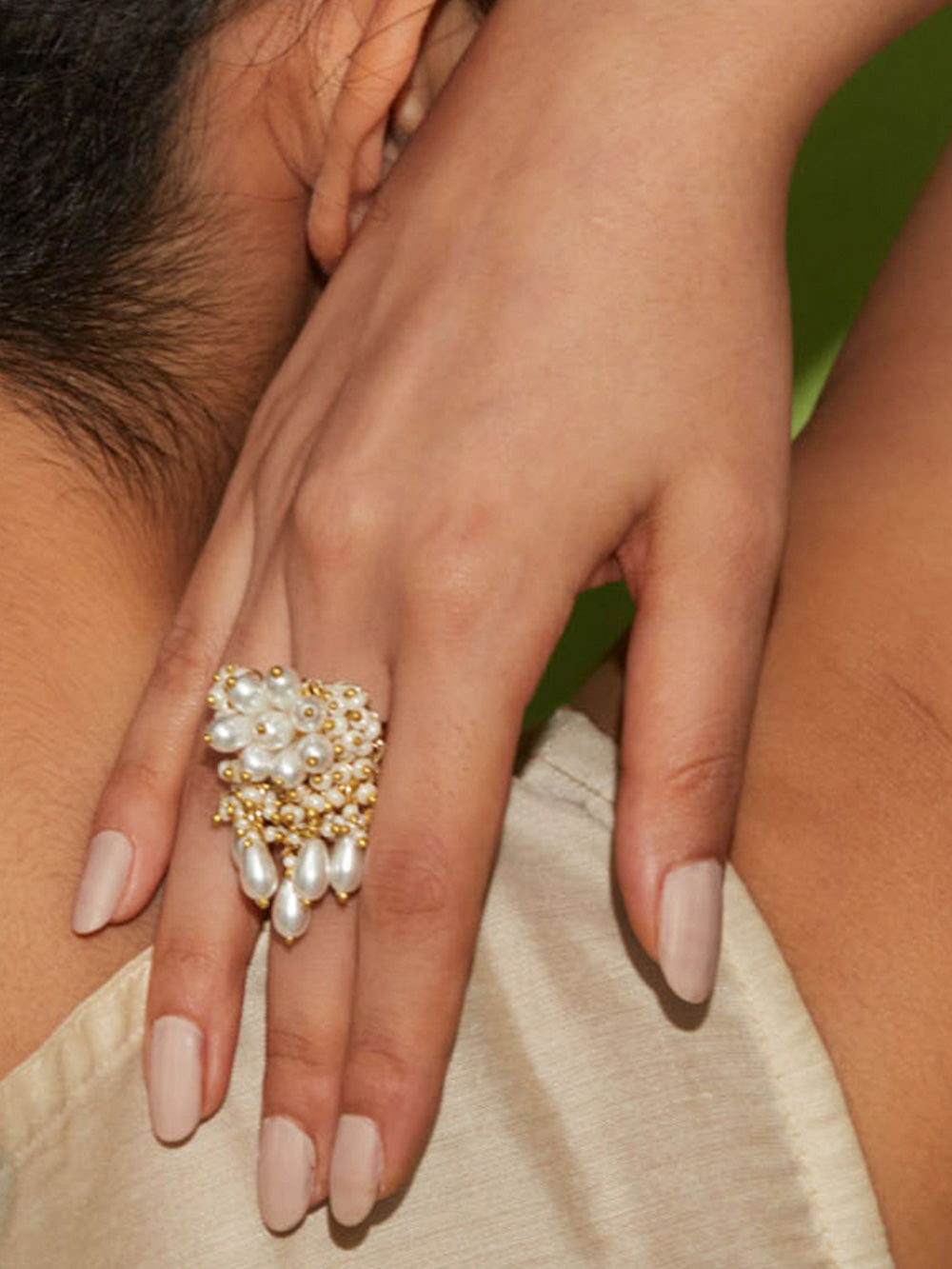 Amama,Contemporary White Semi-Precious Stone & Pearl Finger Ring