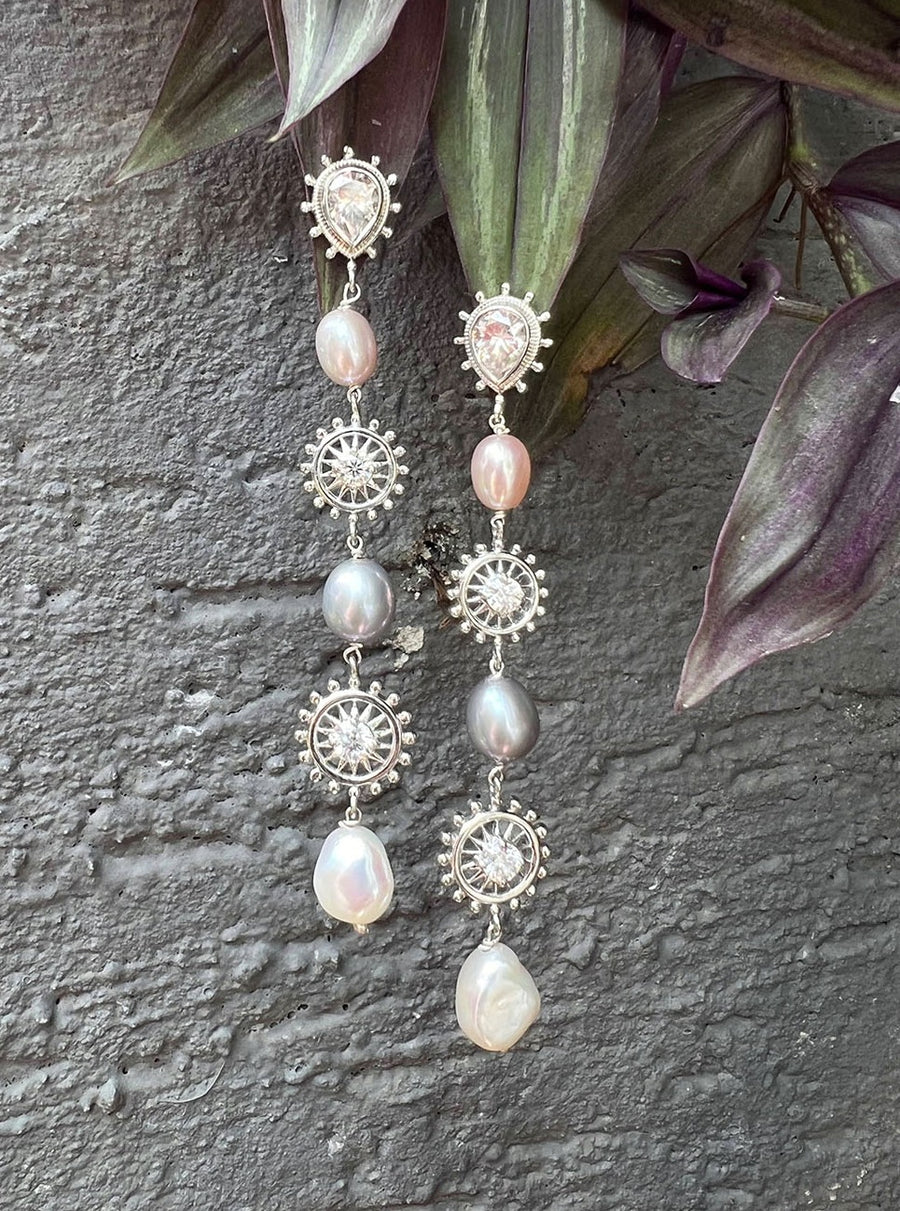 Multi Pearl Drop Earrings In 925 Silver